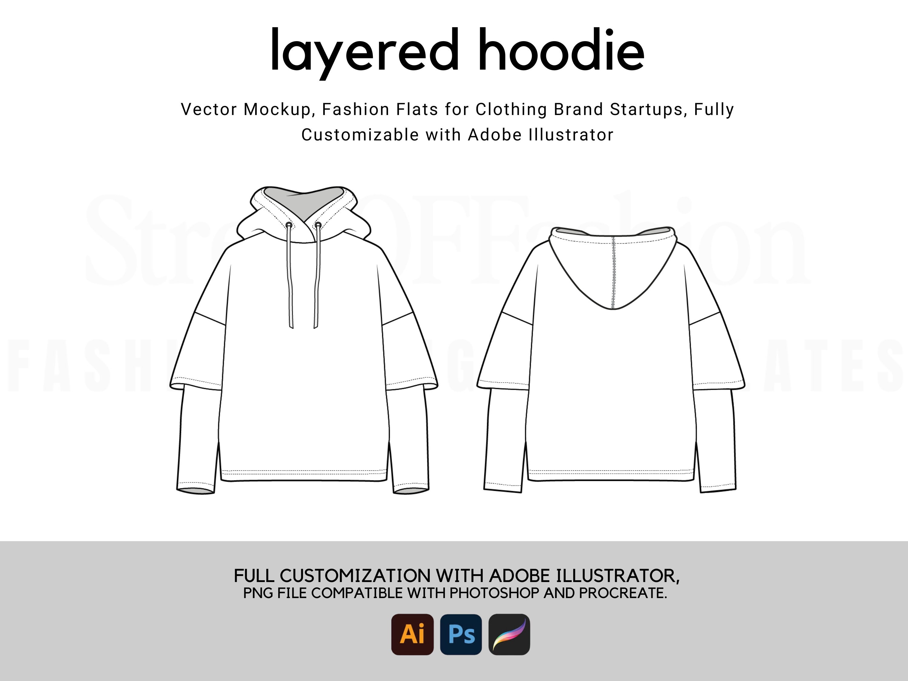 Double Layered Hoodie Flat Technical Drawing Illustration Classic Blank  Streetwear Mock-up Template for Design Tech Packs CAD - Etsy